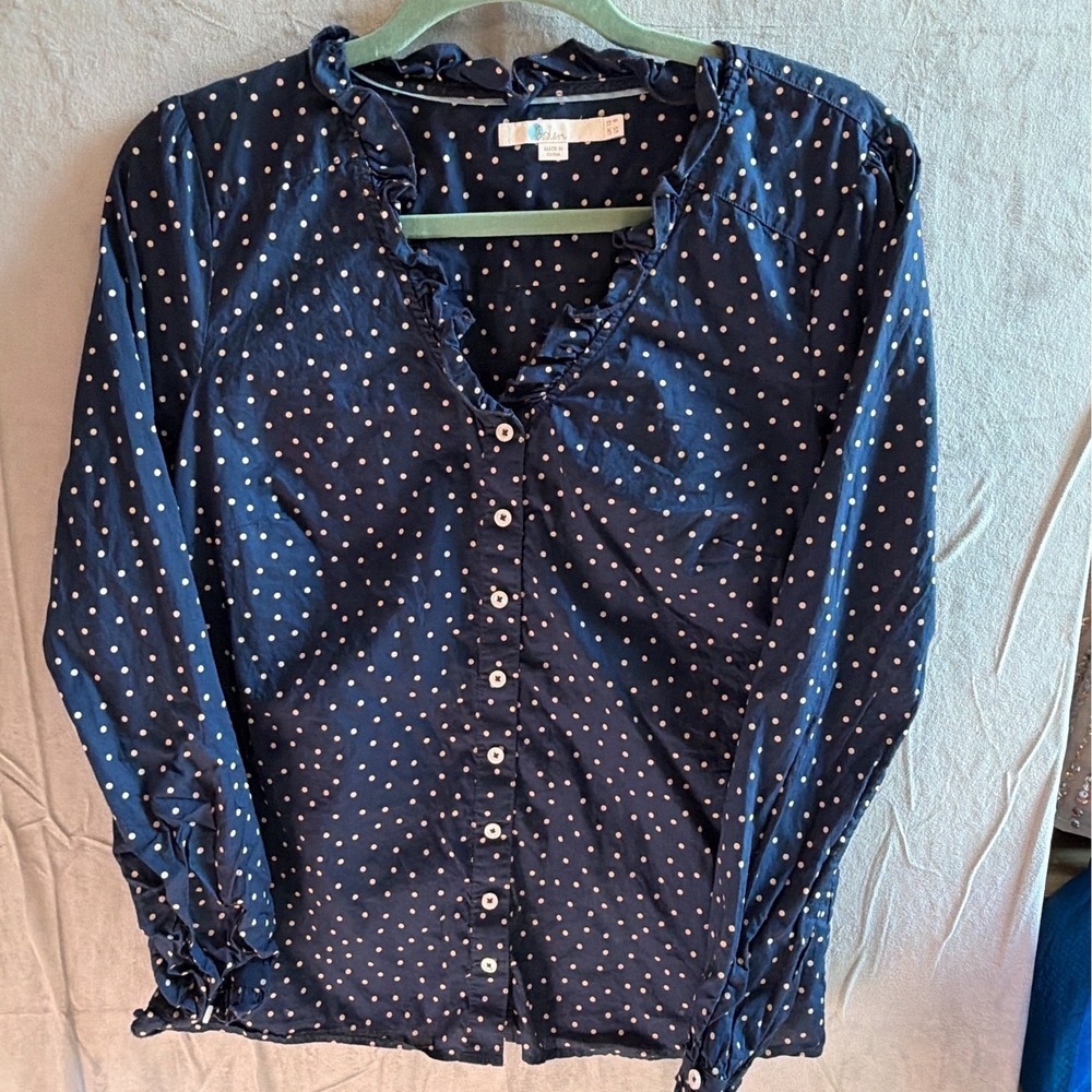 Boden Pippa Top Polka Dot Ruffle Blouse Womens 8 Navy Blue Preppy Cottagecore